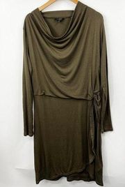 Ted Baker London Dress 6 Green Brown Draped Jersey Stretch Long Sleeve Womens