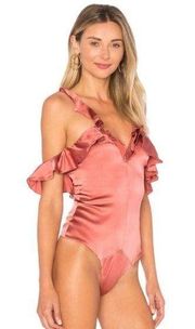 For Love & Lemons Lena Bodysuit Ruffle One Piece in Carnation Pink Satin Size XS