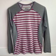 Patagonia  Gray Pink & White Striped Midweight Capilene Long Sleeve Shirt