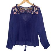 Chloe Oliver Anthropolgie Button Tie Front Embroidered blouse Medium