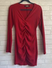 Raven Ruched Ribbed Cherry Long Sleeve Mini Dress