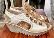 Fly London Ylfa Gold  Metallic Sandals Sz 38 US 7.5 Lace Up Chunky Wedge…