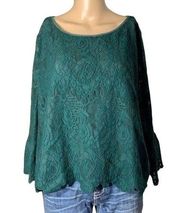 Womens Lace Bell Sleeve Pullover Blouse Top Green XL EUC