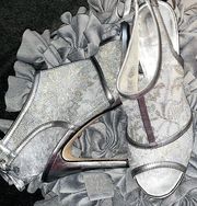 Silver Leather & Mesh Open Toe Dress Heel