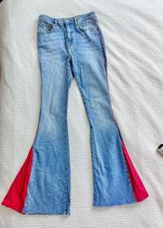 custom red rhinestone flared wide leg jeans