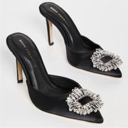 NIB NEW  Jeweled Glass Slipper Mule Heels Black Satin Embellished