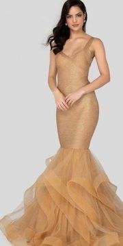 P8640 TERANI COUTURE BANDAGE DRESS Gold Metallic Glitter Mermaid Bodycon Size 4