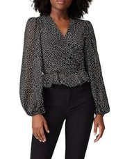 JILL JILL STUART Blouse Top Womens 10 Black White Dots Ruffle Peplum Long Sleeve