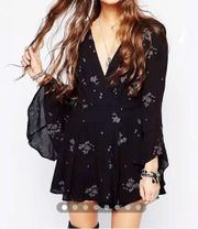 People Black  Embroidered Kimono Fit & Flare Dress