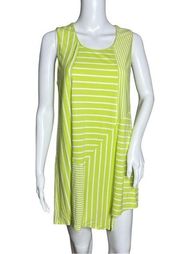 Joan Vass Tunic Top Green White Multiple Stripe Sleeveless High Low Hem