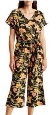 NWT Kensie Linen Blend Floral Print Tie Back V-Neck Crop Jumpsuit Size Medium M