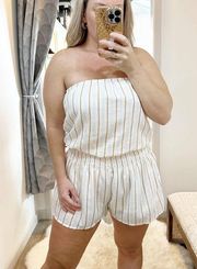 Glam Strapless Blousson Striped Shorts Romper White Tan Large