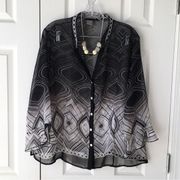 Investments Geometric Print Sheer Blouse Size XL Black,White,Gray.