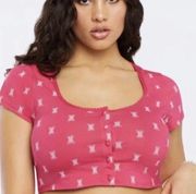 Womens Savage X Fenty Pink Crop Top Sz Small? All Over Logo Print Fabric Buttons