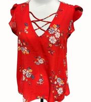 Crescent & Willough red vneck short cap sleeve lightweight floral blouse NEW XL