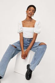 White Square Neck Denim Puff Sleeve Crop Top