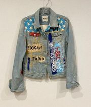 US Flag Stars Stripes Denim Jacket Custom Hand Painted Sz Large