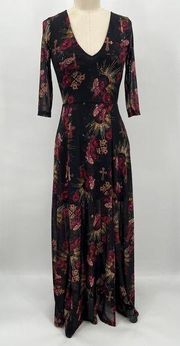 Blackmilk Clothing Baroque Fantasy 3/4 Sleeve Split Maxi Dress Sz XS Black Print