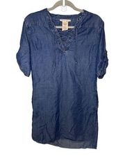 Philosophy Womens Small Short Sleeve Tencel Lyocell Lace Up Denim Pullover Dress