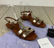 Furla Carmen Leather Vitello Sparkling Sandals 36 Gold & Cognac $365 Italy