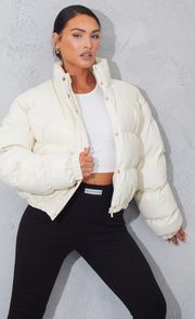 Cream Faux Leather Elastic Hem Bubble Puffer