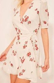 Reformation Floral V-Neck Lucky Wrap Mini Dress White Red Size XL