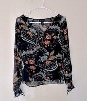 Silk Women Small Blue Pink Blouse Sheer Floral Colorful Vacation