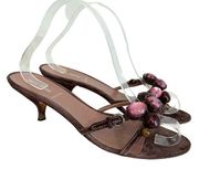 Miu Miu Women's Brown Leather Suede Beads Slip On Kitten Heels Sandal Size 36