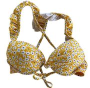 California Waves Bikini Top Womens Medium Yellow Print Push Up Tie Back Swim