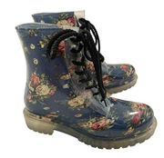 new  clear blue floral combat rain moto BOOTS 1 4415