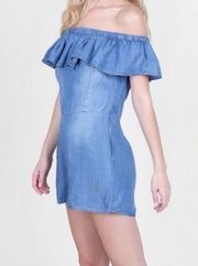 ALTAR’D STATES CHAMBRAY OFF SHOULDER DENIM BLUE SLEEVELESS RUFFLE NECK ROMPER S