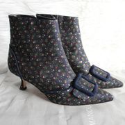 Manolo Blahnik Baylow Navy Floral Embroidered Jacquard Pointed Toe Ankle Boot