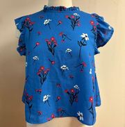 Fliral Top Royal Blue with Red and White Flowers Key Hole Top sz XL