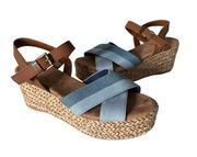 Tom’s Willow Flatform Jute Wedges Denim Tan Open Toe Sandal Shoes Women Size 7