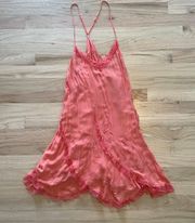 Rare Vintage Style Coral Embroidered Mini Slip Dress Lace Trim