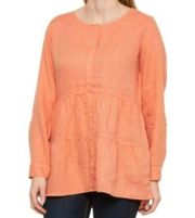 Sigrid Olsen | Orange Coral Long Sleeve Tiered Button Front Linen Tunic Small