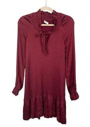 Sandro Women's Burgundy Ruffles Smocked Mock Split Tie Neck Mini Dress Medium