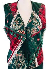 Vintage  Christmas Red Green Patchwork Vest Corduroy Plaid Tassels