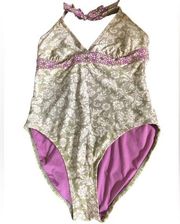 Athleta One Piece Halter Swimsuit Sz. XL Celery Purple Floral Cut Out Tied Back