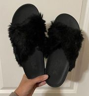 Victoria’s Secret PINK Black Fur Slip On Slides Sandals