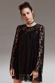 Black Long Sleeve Eyelash Lace Trapeze Mini Dress