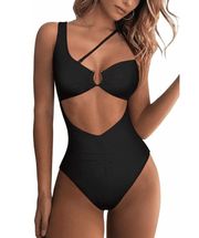 Large Women's One Shoulder Cutout Ruched Back High Cut  Swimsuit Black