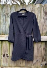 Madewell Faux Wrap Dress Small Black  Balloon Sleeve Texture Cleavage