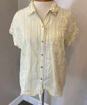 Ellen Tracy Yellow & White Striped Short Sleeve Linen Button Down Top Women’s L