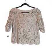 Cremieux Tan Lace Ruched Sleeves Scallop Blouse