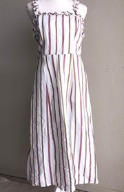 White Striped Elastic Stretchy Ruffle Sleeveless Midi Summer Dress