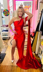 Red Satin One Shoulder Maxi Prom Dress 