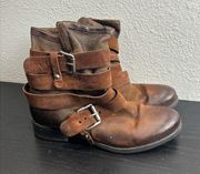 Miz Mooz Shane Ankle Boot Zipper Tonal Straps Brown Brandy Size 37 US 6.5 Combat