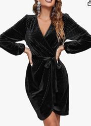 Long Sleeve Wrap Velvet Mini Dress Sexy V Neck Cocktail Party Club Dress