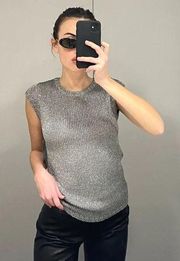 Riviera Metallic Knit Short Sleeve Sweater Top in Silver NWT Size PS